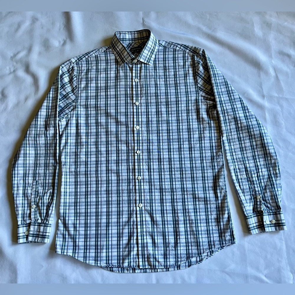 Kenneth Cole Gray Plaid Collared Button-Up Long Dress Shirt